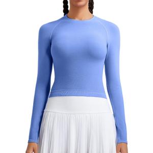 RUNNING GIRL Long Sleeve Yoga Shirts for Women, Soft Fitted Seamless Stretchy Casual Crew Neck Athletic Basic Shirt (X-Large, A-light Blue)