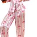 WDIRARA Women's 2 Piece Bowknot Print Satin Pajama Set Long Sleeve Button Down Lounge Pants Sleepwear Sets (Pink White, Small)