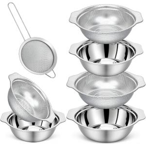7Pcs Stainless Steel Colander Set, Rice Strainer with Mixing Bowl, 3/4/5QT Large Capacity Microporous Colander with Handle, Mesh Strainer for Washing and Draining Vegetables, Fruit, Dishwasher Safe
