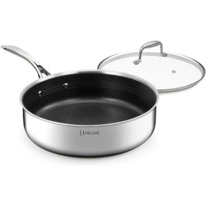 DELUXE Hybrid Ceramic Nonstick 5 Qt Deep Saut Pan with Lid, Stainless Steel Skillet with Stay-Cool Handles, Dishwasher and Oven-Safe, PFOA Free Deep Frying Pan, Compatible with All Cooktops