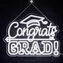 Congrats Grad Neon Sign with Graduation Cap, Cold White Graduation Class of 2025 Light Up Sign for Wall Decor,USB Powered Adjustable Brightness Led Sign for 2025 Graduation Party Backdrop Decorations