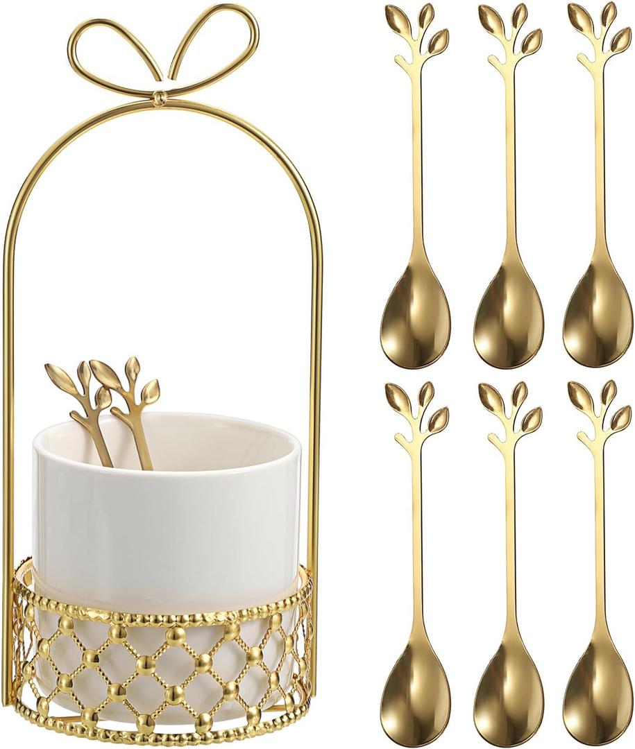 ELLDOO Coffee Spoon Set, White Ceramic Holder with 8 Stainless Steel Gold Leaf Coffee Spoons, Creative Flatware Set for Stirring, Mixing, Sugar, Ice Cream, Cake (8 x Spoons)
