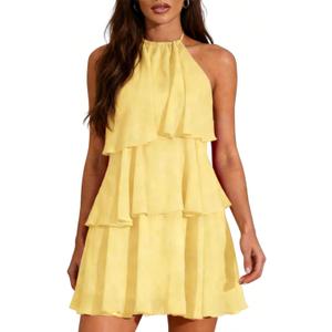 OYOANGLE Women's Sleeveless Layered Ruffle Backless Short Dress Sleeveless Ruffle Party Wedding Guest Dresses, Large, Yellow