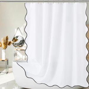 ORTIGIA White Shower Curtain with Black Scalloped Edge, Black and White Shower Curtains Cute Aesthetic Pretty Preppy Waterproof Fabric Bath Bathroom Decor with Metal Hook 72 W x 72 H Inch