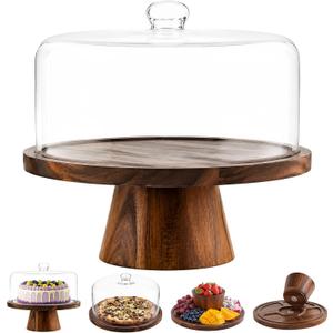 Acacia Wood Cake Stand with Lid - 12 Inch Magnetic Detachable Cake Stand with Dome, Shatterproof Acrylic Cover, Versatile Cake Holder & Charcuterie Board for Parties, Dessert Table Display