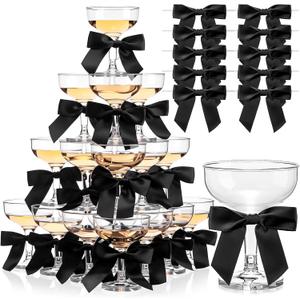 Zopeal 50 Set Champagne Tower Champagne Coupe Cocktail Glasses 5 oz with Satin Bows 3.5 Inch Plastic Margarita Espresso Martini Glasses for a Tiny Bit Older Valentine's Birthday Party (Black Bow)