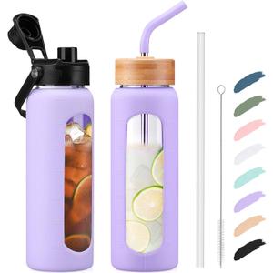 Kodrine Water Bottle with Straw, 24 oz Glass water Bottle with 2 Lids Bamboo Straw Lid and Spout Lid with Handle, 32 oz Clear Water Bottle Glass for Sports Travel, Water bottle with Time Marker (Purple)