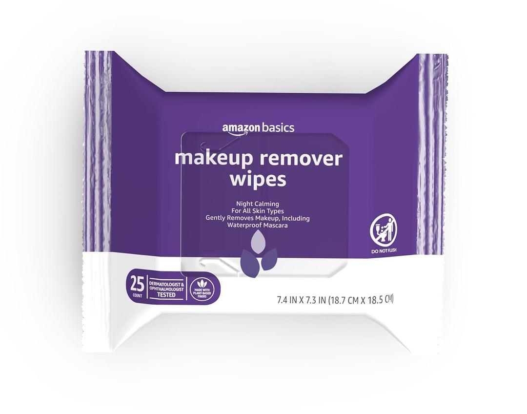 Amazon Basics Makeup Remover Wipes, Gentle Cleansing, Dermatologist Tested, Night Calming, Plant Based, Removes Waterproof Mascara, 25 Count Per Pack, Pack of 1
