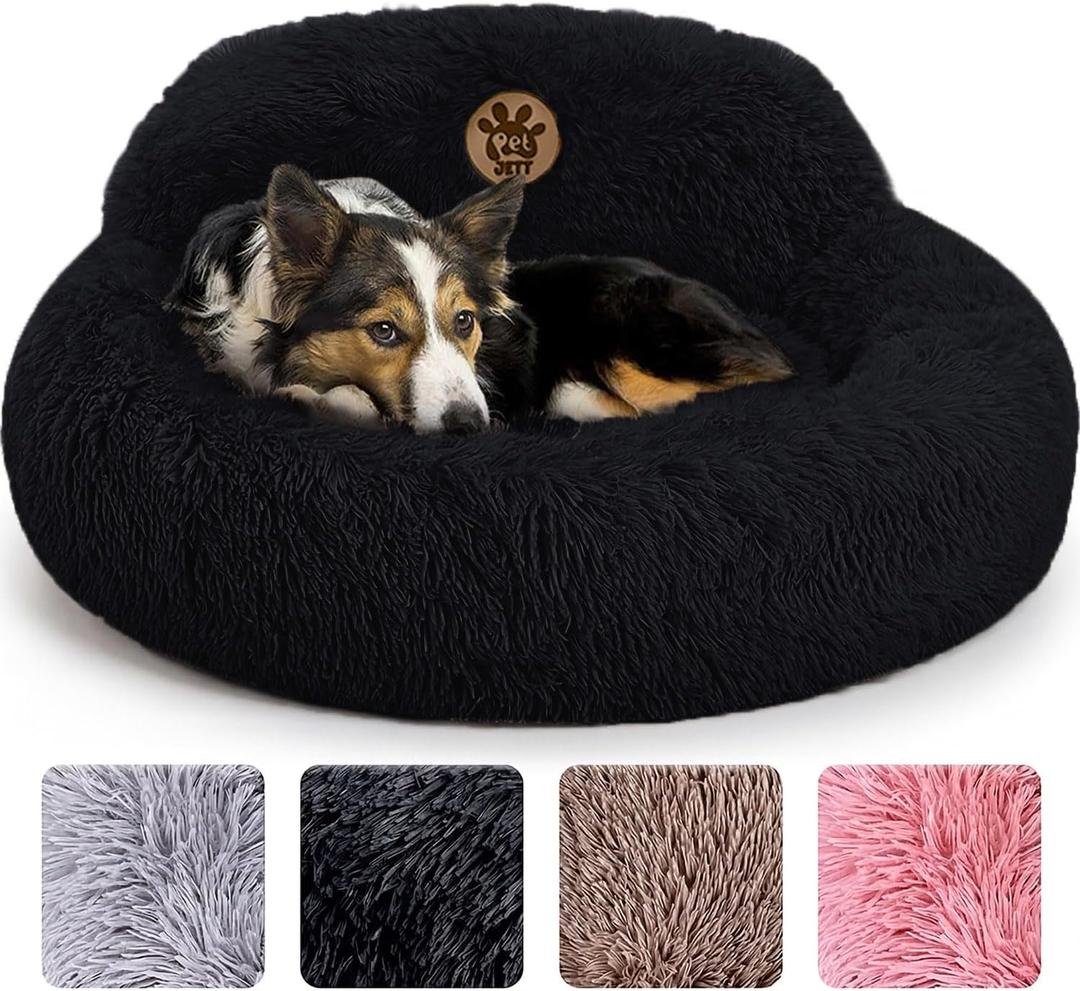 PetJett Calming Dog Bed Medium Size Dog - 30'' Donut Bed, Anti-Slip & Washable Super Soft Fluffy Plush Round Bed, Anti-Anxiety Premium Comfort Pet Bed, Fits Dogs up to 45 lbs - Black