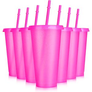 Hooqict 7 Pack Reusable Cups with Lids and Straws 24 oz Glitter Plastic Tumbler Water Iced Coffee Travel Mugs Hot Pink Party Favor Cups for Smoothie Juice Beach Birthday Bachelor Girls Princess Party