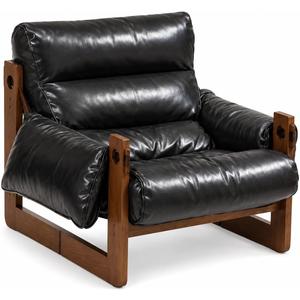 Genuine Leather Accent Chair, Solid Rubberwood Frame, Mid Century, Black, One Size, 
Material	Rubberwood
Product Dimensions	37.4"D x 25.59"W x 29.52"H
Size	One Size