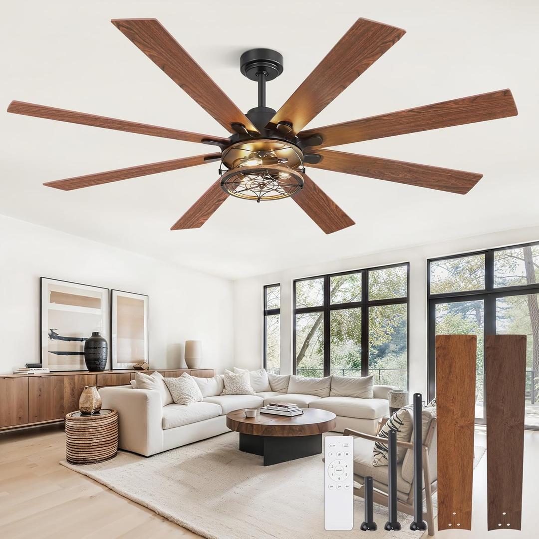 65 Inch Ceiling Fans with Lights, Farmhouse Ceiling Fan with Lights and Remote, Dual Finish 8 Blades Black Caged Rustic Ceiling Fans with 6 Speed Reversible Motor for Indoor/Covered Outdoor
