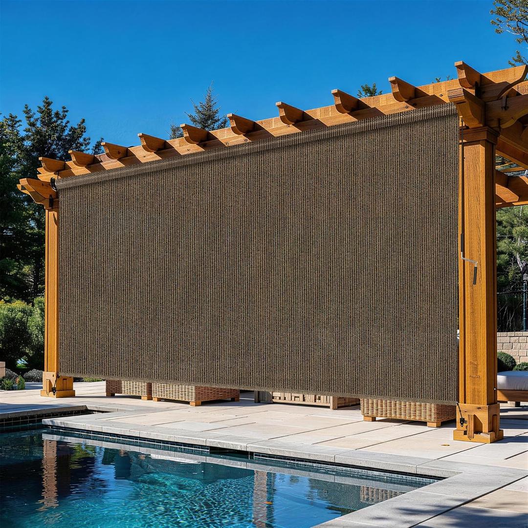 Outdoor Roller Shades for Patio 10'Wx8'H Mocha, 90% UV Block & Privacy Protection Outdoor Blinds, Cordless Porch Shades Outdoor Roll Up with Splicing Design 20-Min Install
