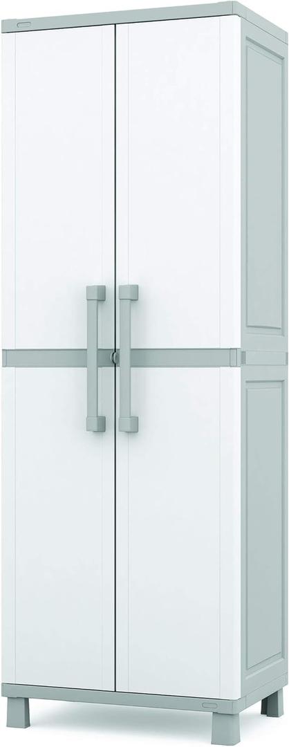 Keter Storage Cabinet with Doors and Shelves for Laundry Room, Garage, Bathroom Accessories, Closet and Home Organization, White & Grey