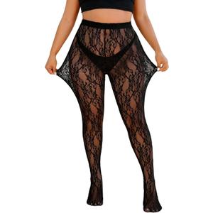 WDIRARA Women's Plus Size Lace Mesh Sheer Tights High Waisted Stockings Pantyhose (X-Large Plus, Black)