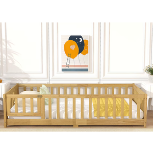 LOVMOR Twin Size Floor Bed with Fence and Door Rubber Wood Floor Bed with Safety Guardrails Natural