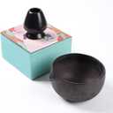 Traditional Matcha Bowl with Pouring Spout and Whisk Holder (Reshaper) - Retro Matcha Green Tea Chawan Kit- 22oz Big Salad Porridge Juice Bowl and Chasen Rest (Charming Black)