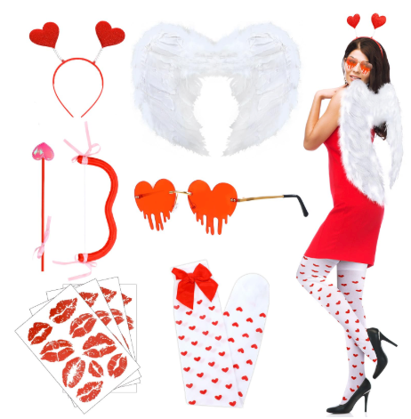 Xuhal 9 Pcs Halloween Cupid Costume for Women Cupid Bow and Arrow Set Wings Heart Headband Sticker Heart Shape Sunglasses Thigh High Stockings Arrow Costume Accessories