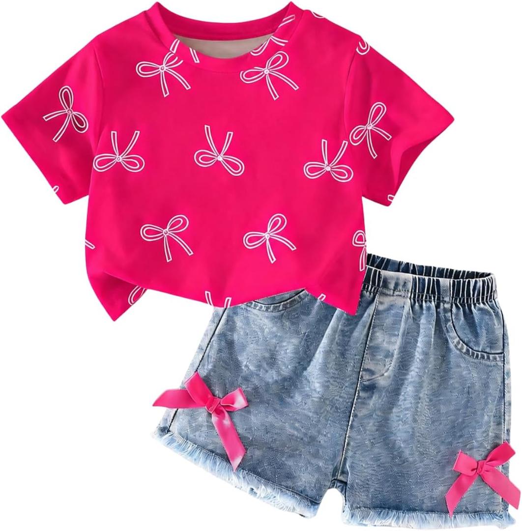 Azmxynol Kid Girls Clothes Outfits Bowknot T-Shirt + 2 In 1 Denim Short Skort Summer Clothing Set, Size 4-10 Years (White)