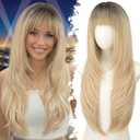 Eawwii Long Ombre Blonde Wig with Bangs for Women,4x4 Realistic Scalp,Free Parting,Layered Hairstyle Synthetic Heat Resistant for Daily Party Use 26 inch