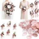 Ling's moment Wedding Artificial Flowers Package, Bridal Bouquet, Bridesmaid Bouquets, Boutonniere for Men, Rose Petals.Dusty Rose Muave