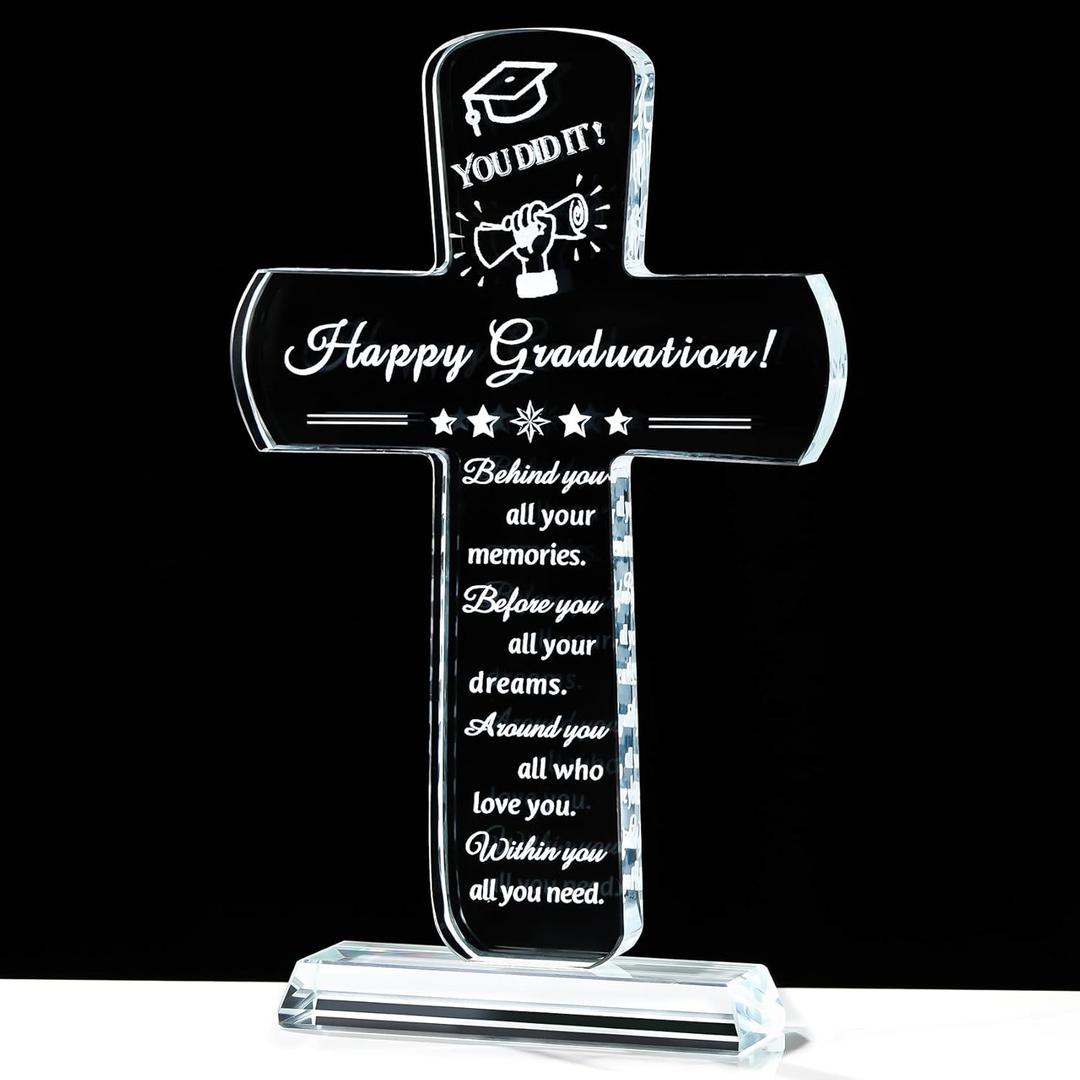 Movdyka Graduation Gifts for Him Her, Crystal Engraved Keepsakes Plaque, Class of 2025 High School College Graduation Gift for Women Men Female Masters Degree Phd Graduate Decor (Cross Shape)
