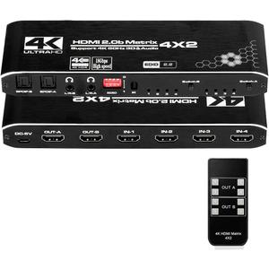 HDMI Matrix Switch 4x2, 4K HDMI Matrix Switcher Splitter 4 in 2 Out Box with EDID Extractor and IR Remote Control Support 4K HDR, HDMI 2.0b, HDCP 2.2, 4K@60Hz, 3D, 1080P