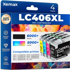 LC406XL Ink Cartridges 4 Pack (21000 Pages) Compatible with MFC-J4335DW for Brother LC406XL LC406 Ink Work for MFC-J4335DW, MFC-J4345DW, MFC-J4535DW, MFC-J5855DW, MFC-J5955DW, MFC-J6555DW, MFC-J6955DW