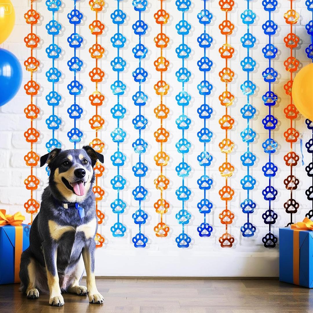 8 x Blue Dog Birthday Party Decorations, 2 Packs Orange and Blue Tinsel Backdrop,Dog Paw Birthday Party Supplies 3.3 x 6.6ft Foil Fringe Curtains, Photo Booth Props Backdrop Streamers