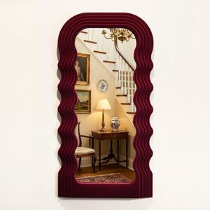 Mirror Wall Decor for Vintage Living Room Bedroom, 14x28 Asymmetrical Decorative Mirror for Entryway Porch Staircase, Retro Modern Hanging Wall Art Gift for Grandma Mom Sister (Wine Red)