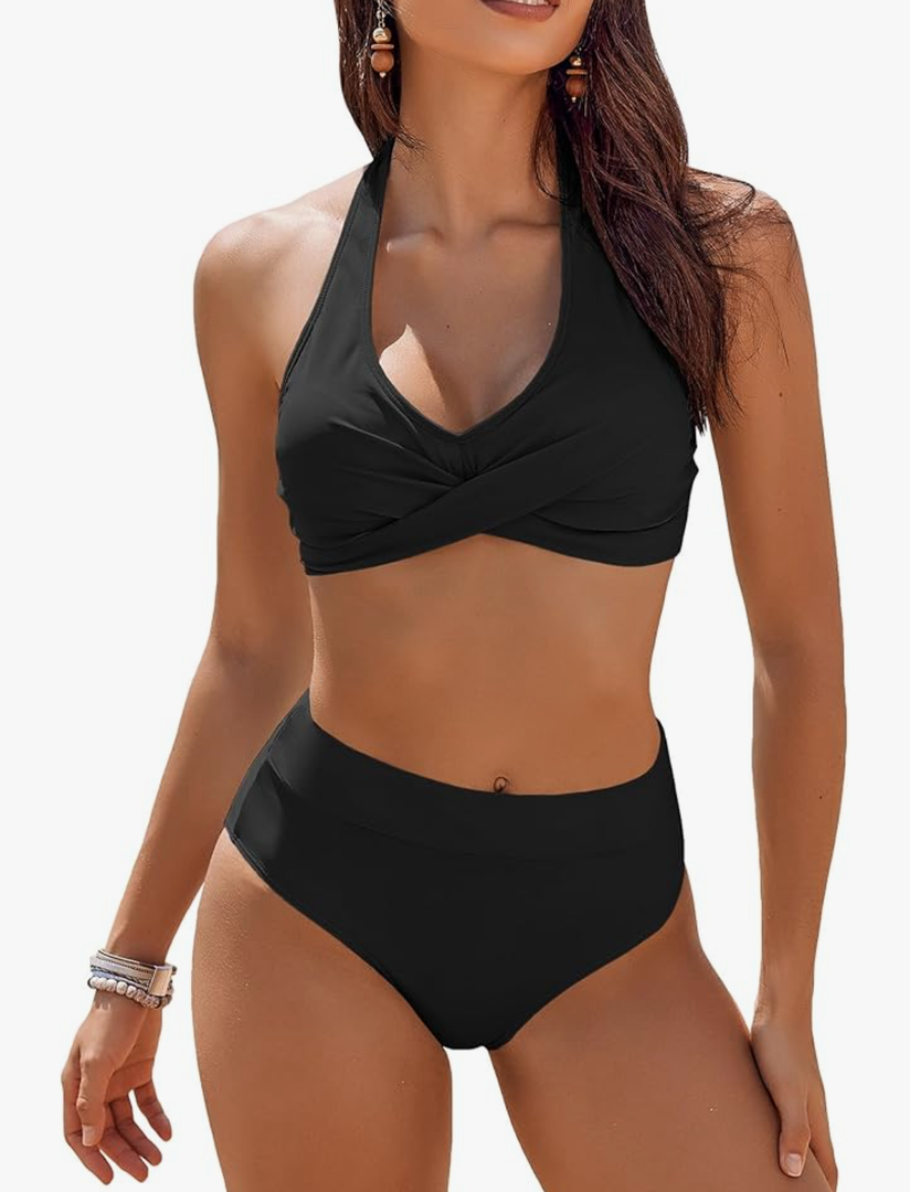 AI'MAGE Women's High Waisted Bikini Sets Tummy Control Swimsuits 2025 Two Piece Bathing Suits Color Block Halter Swim Suits, Black Color ,2XL