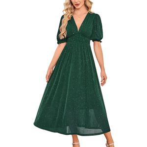 Womens Sparkly V Neck Midi Dress Shprt Sleeve Sequin Glittery Party Dress with Elastic Waist Cocktail Evening Gown (Large, Darkgreen)