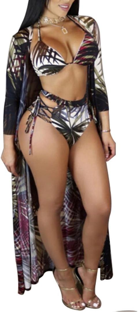 Viottiset Women's Printed 3 Pieces High Waist Bikini Maxi Swimsuit Cover up (Multicolor), S