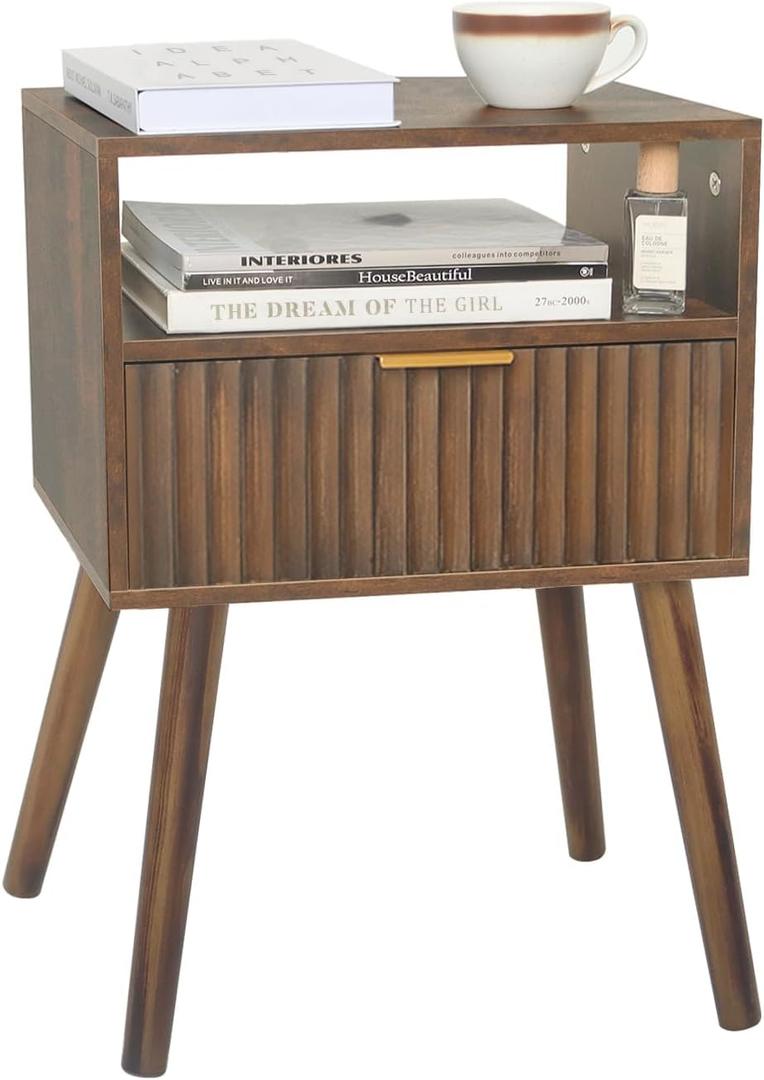 Fultyle Walnut Nightstand, Wooden Bedside Table with Fluted Drawers and Open Shelf, Night Stand Wood for Bedroom, Dorm and Small Space (Rustic Brown)