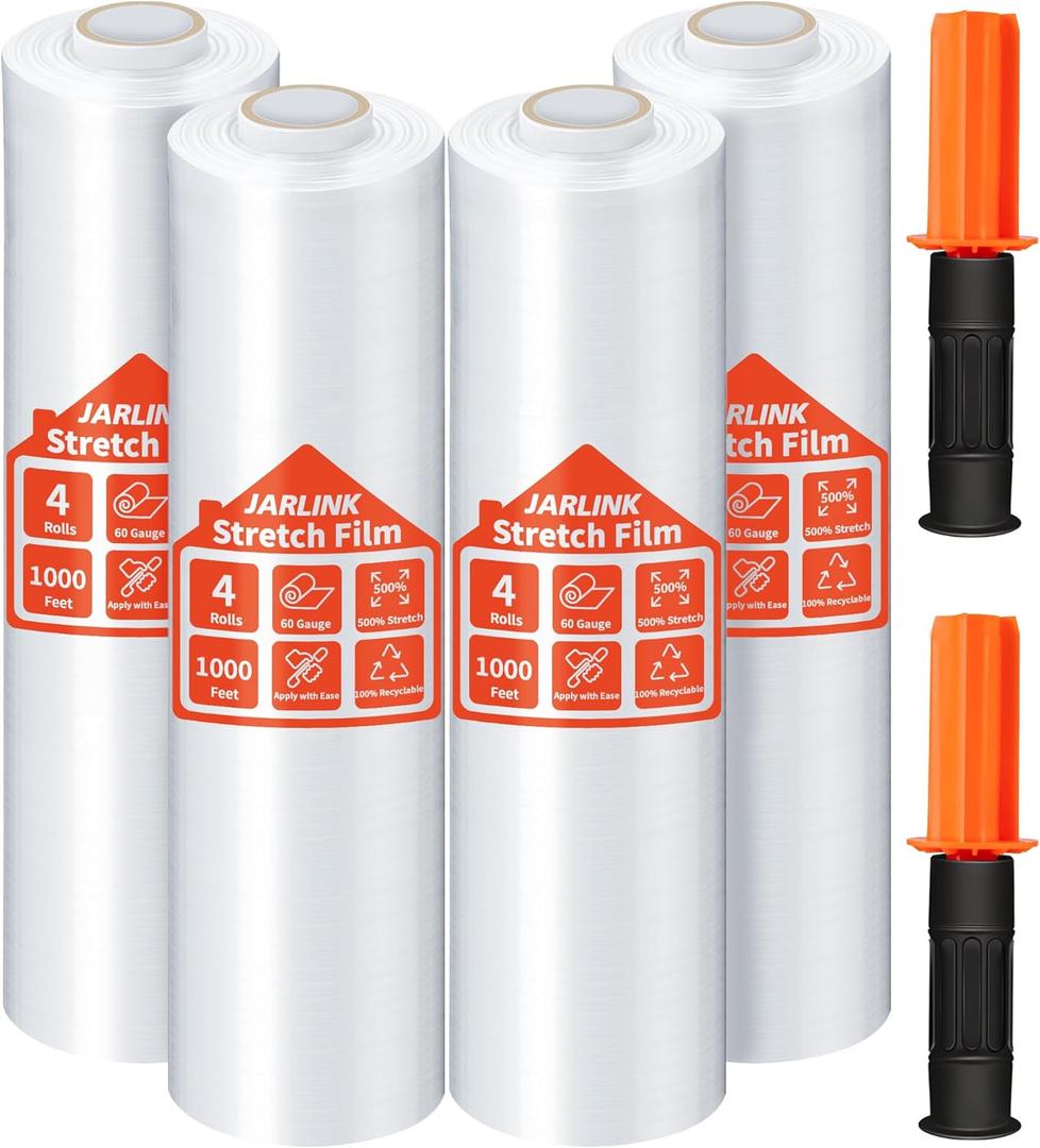 JARLINK Stretch Film, 15 Inch x 1000 Feet Shrink Wrap for Pallet Wrap, Industrial Strength Stretch Wrap with Handles, Moving Wrapping Plastic Roll, 60 Gauge, 4 Pack