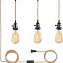 3 Light Hemp Rope Plug in Pendant Light Rattan Hanging Lights with Plug in Cord with Woven Lamp Shade, Plug in Cord Hemp Rope Hanging Lamp, 1 PACK