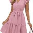 KIRUNDO Women Flutter Sleeve Summer Dress 2025 Spring V Neck Ruffle Flowy Tiered Knee Length Belted Beach Vacation Sundress (Small, Pink)