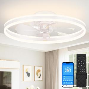 VOLISUN Low Profile Ceiling Fans with Lights and Remote, 24in Flush Mount Ceiling Fans with Light, 3000K-6500K Dimmable Fandelier LED Fan Light, White Bladeless Ceiling Fans with Lights for Bedroom