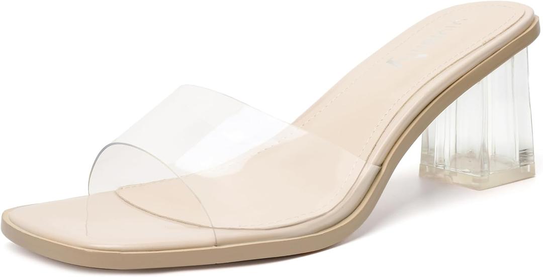vivianly Women's Low Block Heels Sandal Square Open Toe Chunky High Heels Slip on Heeled Sandals Mules Slide for Party Wedding Dress Shoes
