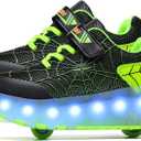 Aikuass USB Chargable LED Light Up Roller Shoes Wheeled Skate Sneaker Shoes for Boys Girls Kids (3.5 Big Kid, B808-double Wheels-black/Green)