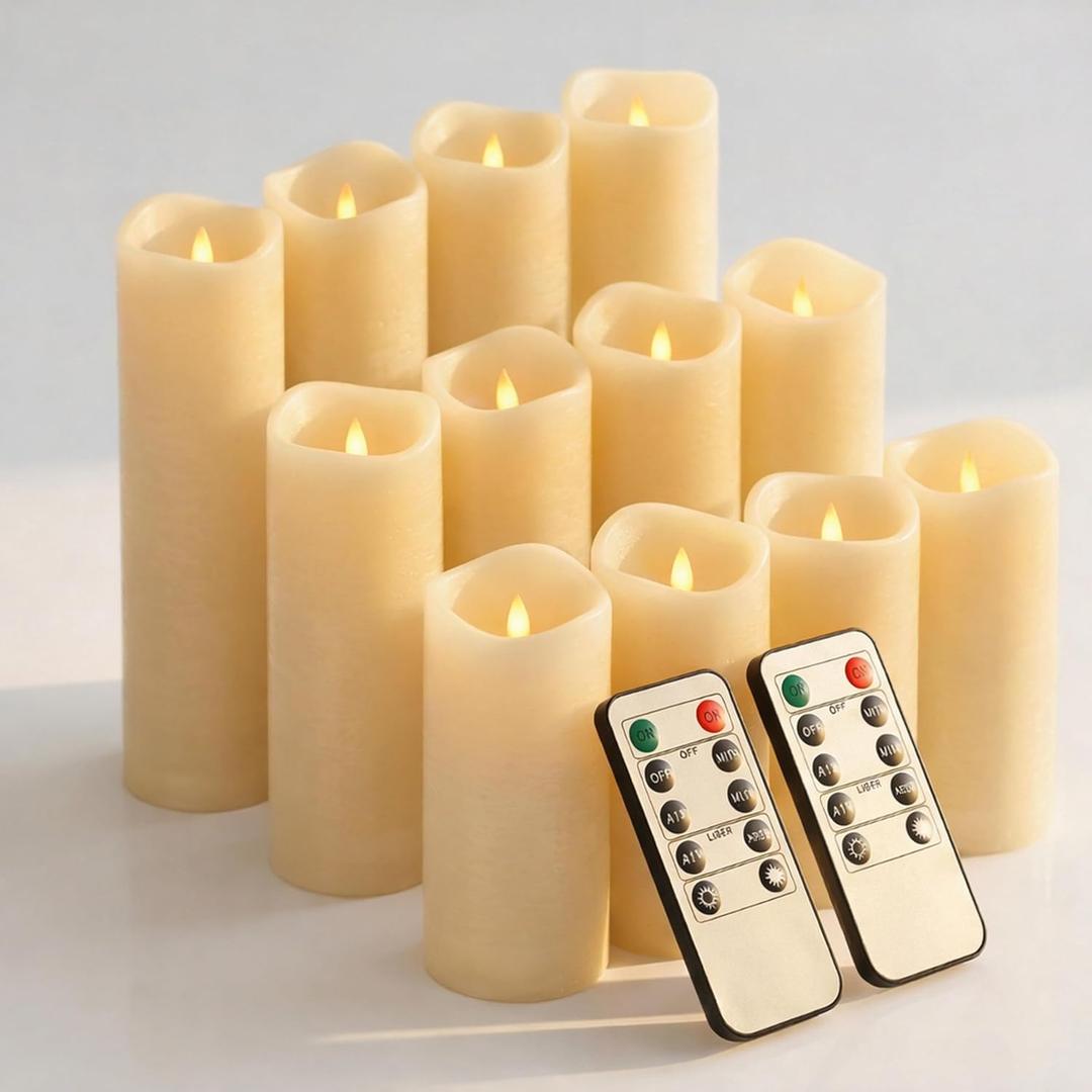 Enido Flameless Candles Led Candles Pack of 12 Battery Candles (D2.15'' x H4''5''6'') Waterproof Outdoor Indoor Candles with 10-Key Remotes and Cycling 24 Hours Timer (Plastic)