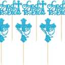 36Pcs God Bless and Cross Cupcake Toppers with Dove Glitter First Communion Baptism Cupcake Picks Decorations for Christian Baptism Theme Boys Girls Birthday Party Supplies Blue