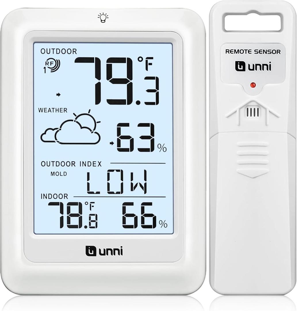 Indoor Outdoor Thermometer Wireless Weather Station, Temperature Humidity Monitor Battery Powered Inside Outside Thermometers with 330ft Range Remote Sensor and Backlight DisplayWH01 (White)