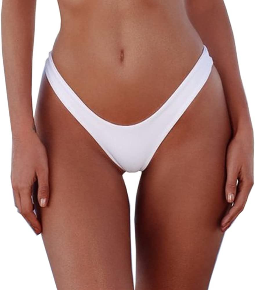 SherryDC Women's Sexy Cheeky Thong Brazilian Cut Low Rise High Leg Bikini Bottom, White, Medium