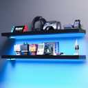 BAMEOS Floating Shelves with RGB LED, 31" Wall Mounted Wooden Shelves with Invisible Brackets, Set of 2, Hanging Wall Shelves for Bedroom, Bathroom, Living Room and Kitchen (Black) (31 x 7)
