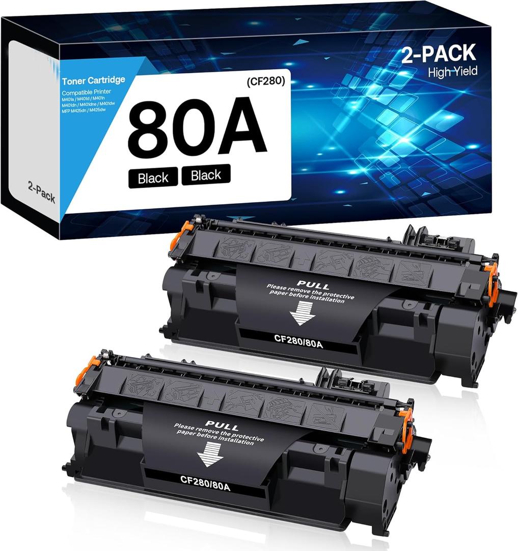 80A Toner Cartridge Black High Yield Compatible for HP 80A CF280X CF280A 80X use with HP LaserJet Pro 400 M410 M401D M401A M401N M401 Printer (2 Pack) 80A Toner Cartridge Black High Yield Compatible for HP 80A CF280X CF280A 80X use with HP LaserJet Pro 400 M410 M401D M401A M401N M401 Printer (2 Pack)