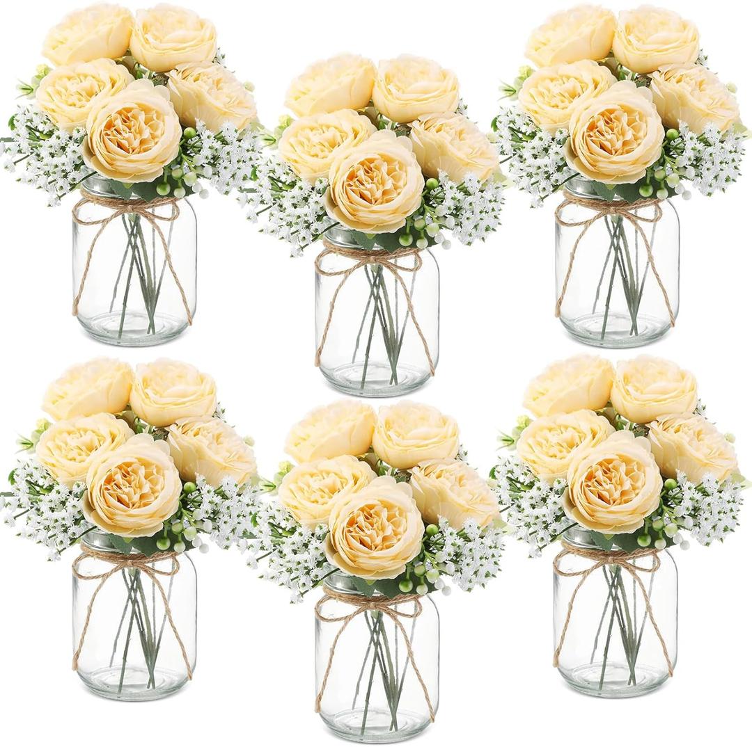 Zeyune Mason Jar Centerpiece Table Decorations, Artificial Peony Baby's Breath Flower Bouquets, Faux Flowers with Vase, Rustic Decor Gifts for Home, Wedding, Holiday(6 Sets,Champagne)