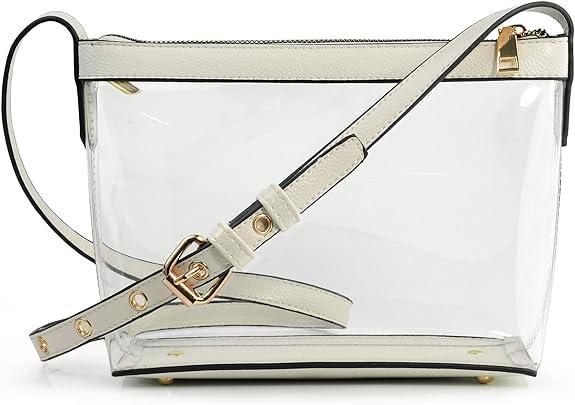 HOXIS Clear Zipper Cross Body Bag with Vegan Leather Trim (Ivory)