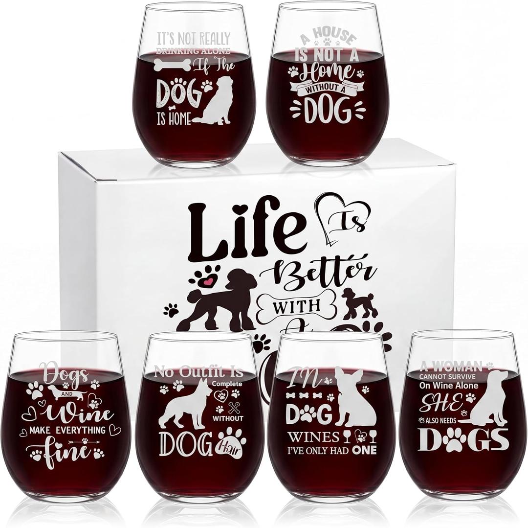 Remerry 7pcs Dog Mom Wine Glasses with Box Dog Lover Gifts for Women Funny Stemless Wine Glass Present Birthday Gift for Mom, Dad, Wife, Women, Men