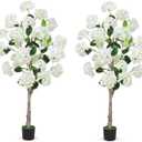 Set of 2 Artificial White Hydrangea Flower Trees 4FT, Fake Silk Floral Plants Indoor Outdoor, Lifelike Decorative Faux Hydrangea Flower Tree in Pot for Home Garden Office Front Decor
